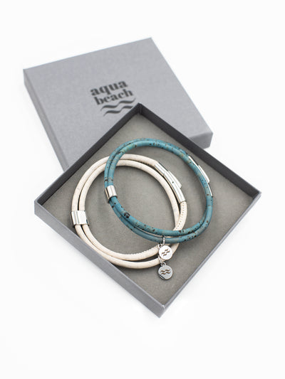 Aqua Beach, Boxed double bracelet set,  Sustainable Cork, Vegan Leather Bracelet with stainless steel clasp, Beach Jewellery, made in the UK