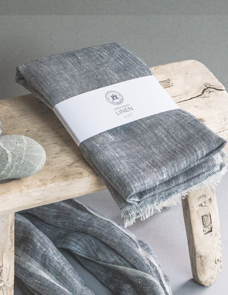 Hand Loomed Linen Scarf Denim Blue with gift bag