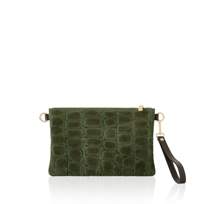 Italian Handmade Premium Suede Stone-Embossed Clutch Bag Olive