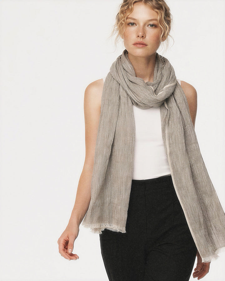 Hand-Loomed Linen Scarf – Sand – Product photo – The Sea Shed