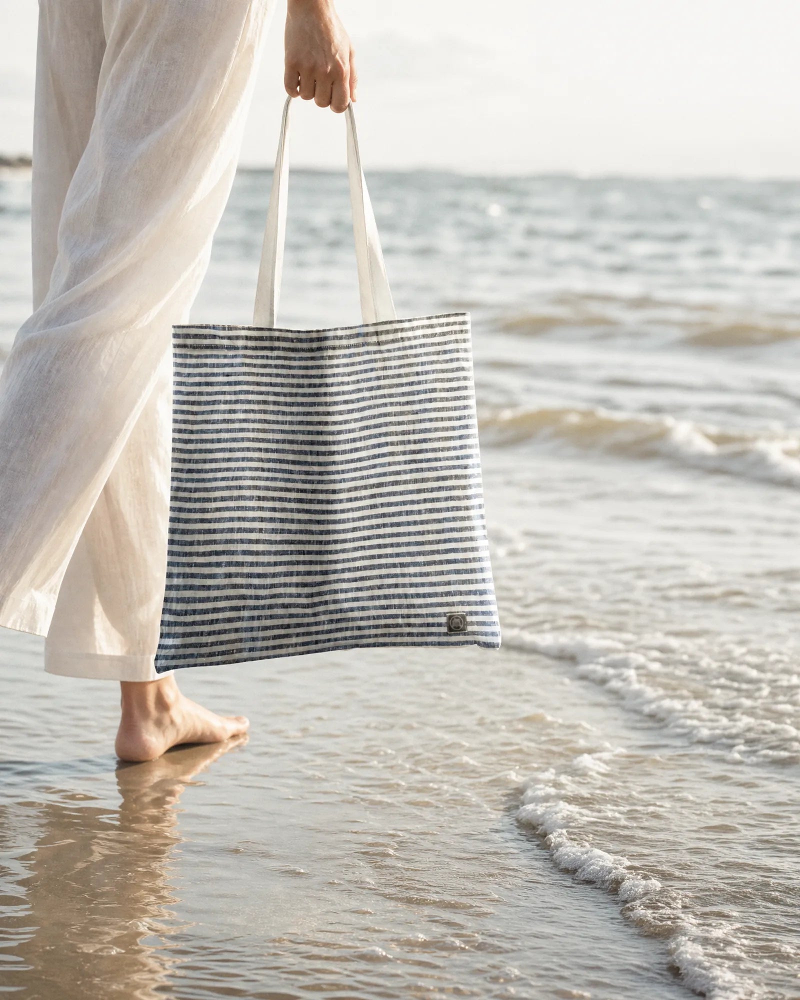 Linen Tote Bag Denim Blue Stripes