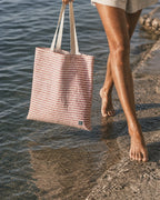 Linen Tote Bag Coral Red Stripes
