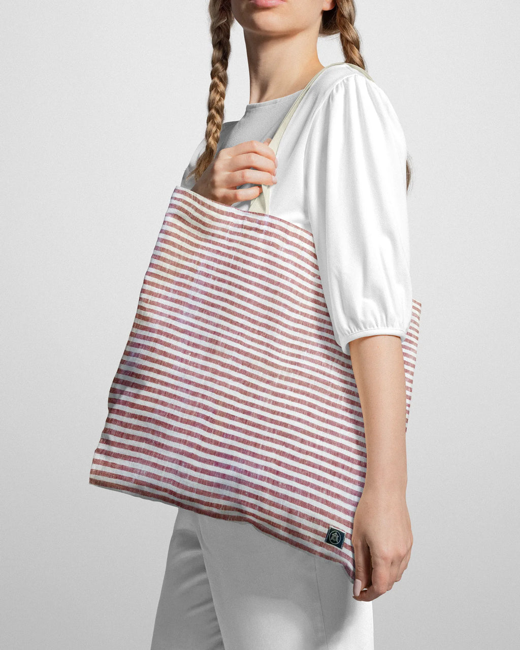 Linen Tote Bag Coral Red Stripes