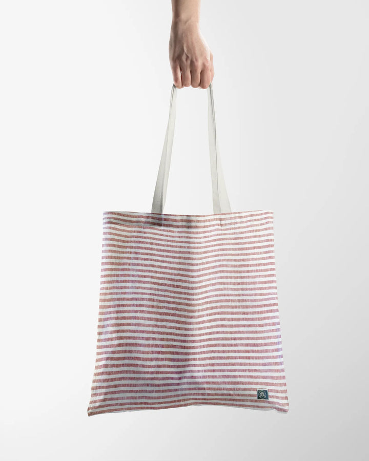 Linen Tote Bag Coral Red Stripes