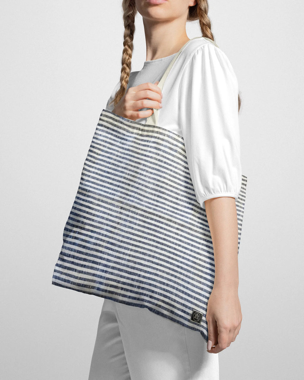 Linen Tote Bag Denim Blue Stripes