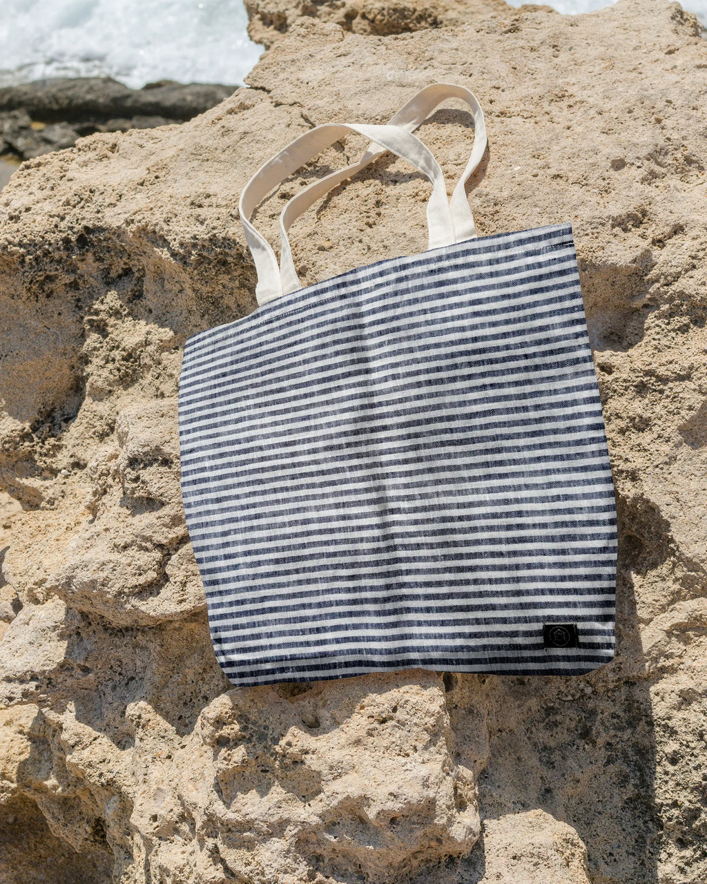 Linen Tote Bag Denim Blue Stripes