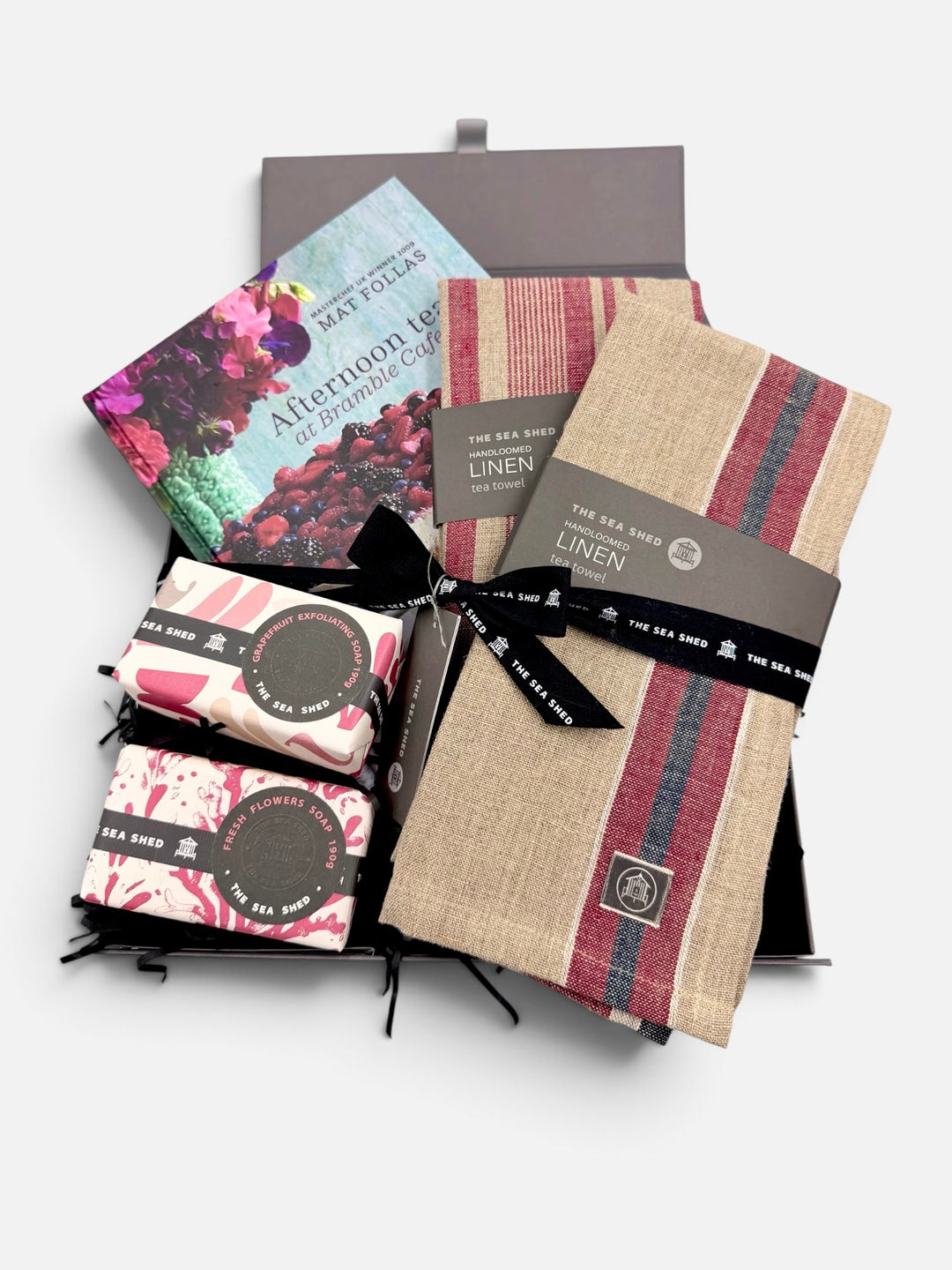 Afternoon Tea gift hamper with baking book, red striped linen tea towels and two soaps in a grey gift box