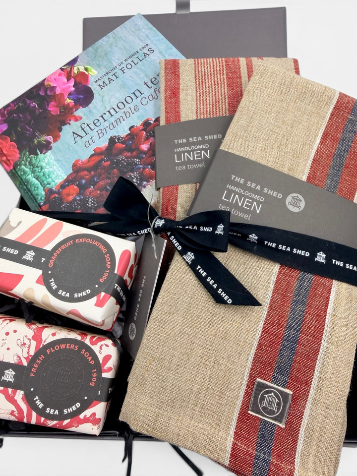 Close-up of the Afternoon Tea hamper tied with black Sea Shed ribbon