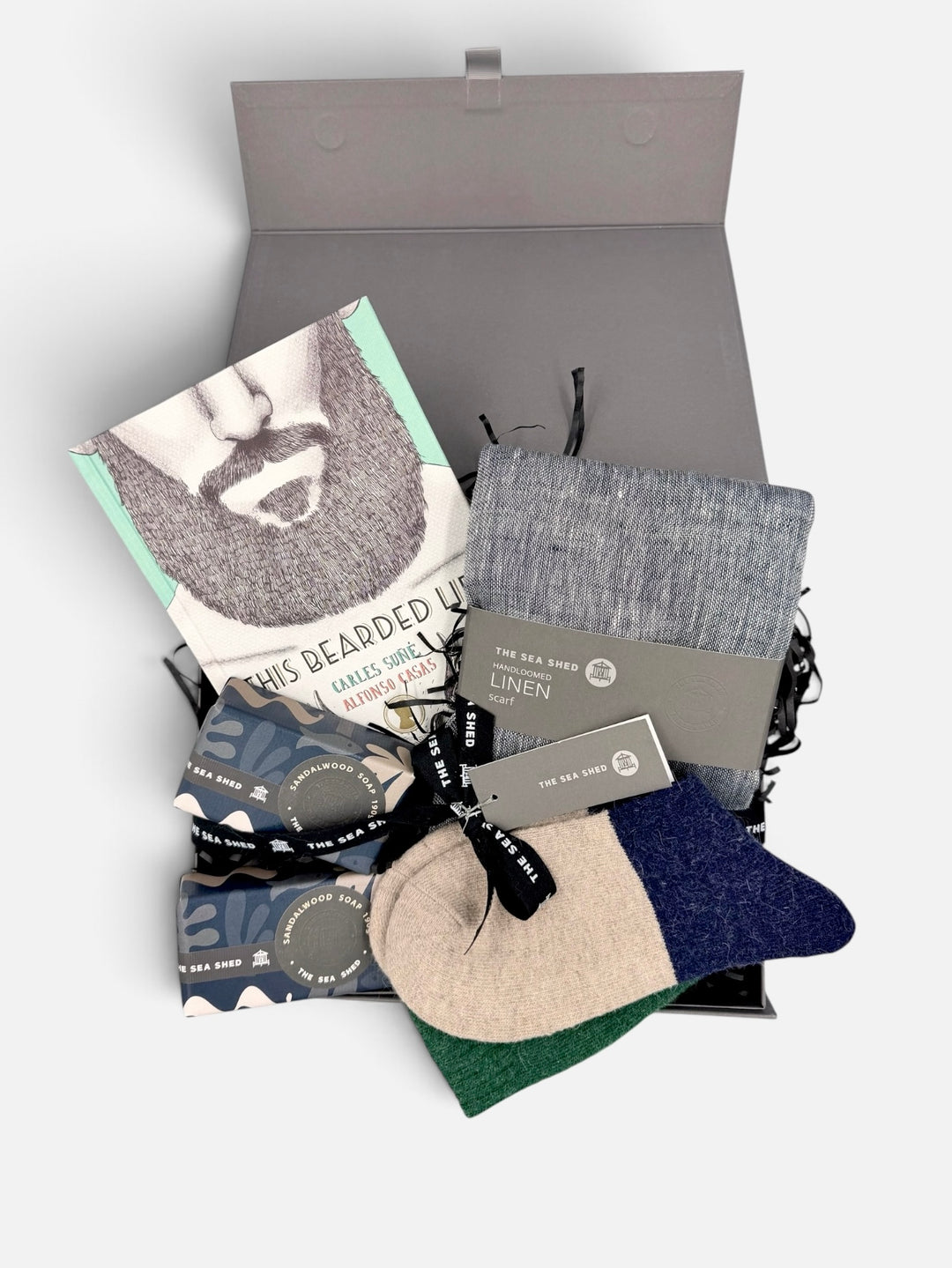 Bearded Life gift hamper for him in an open grey magnetic gift box