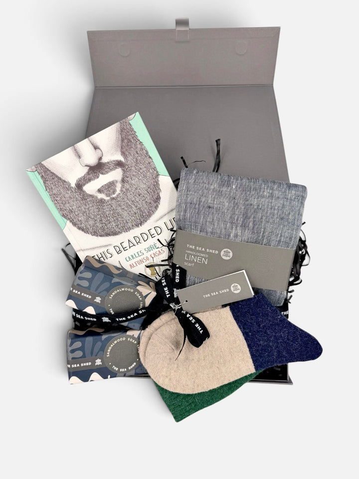 Bearded Life gift hamper for him in an open grey magnetic gift box