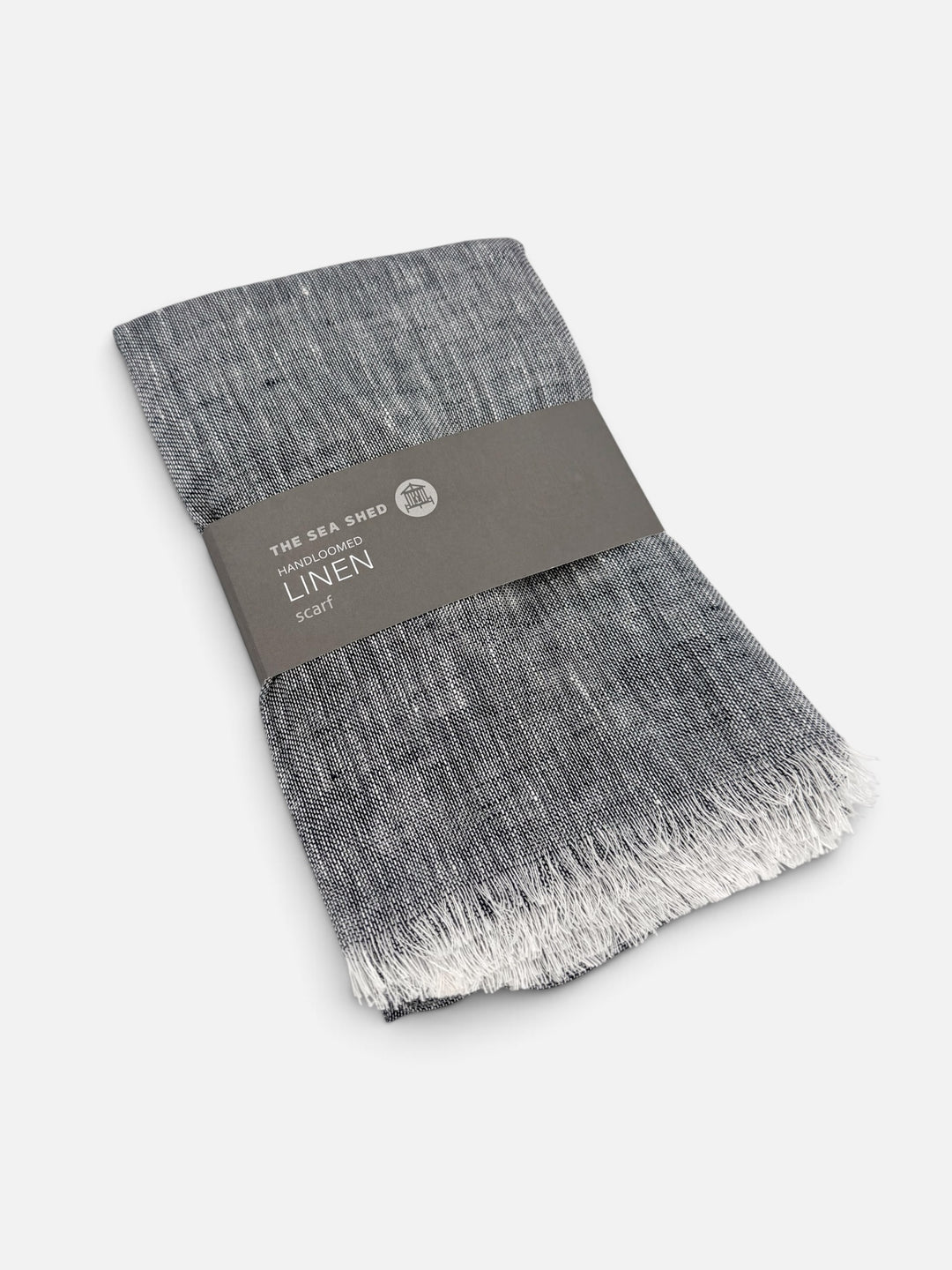 The Sea Shed handloomed linen scarf in navy marl with fringed ends