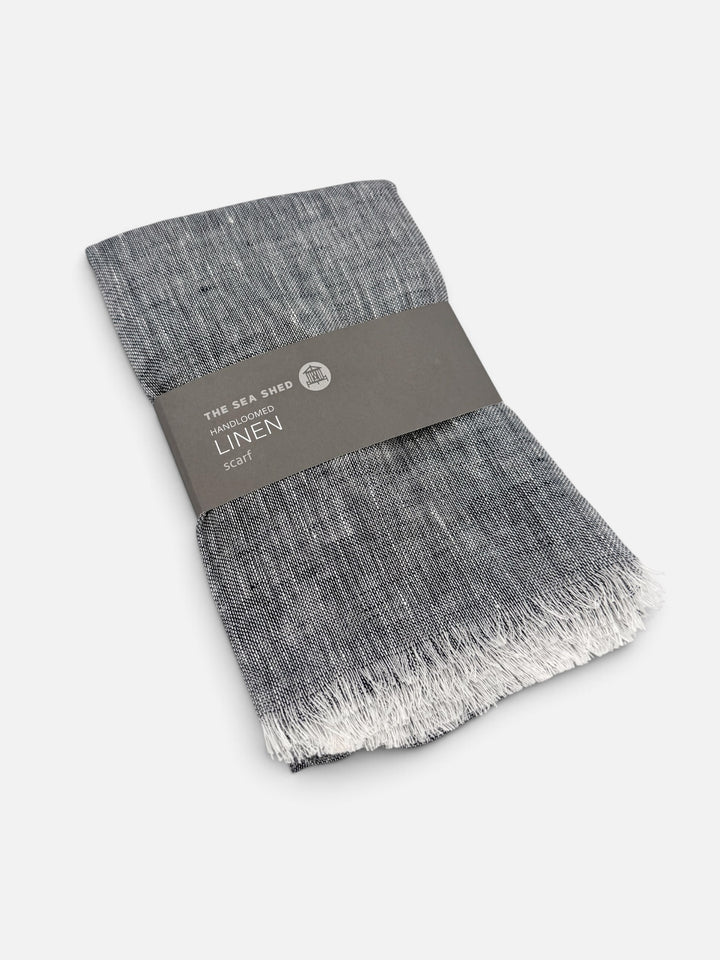 The Sea Shed handloomed linen scarf in navy marl with fringed ends