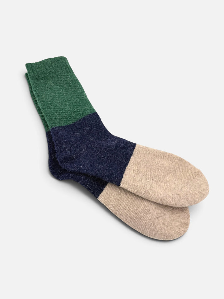 Colour-block socks in forest green, navy and oatmeal