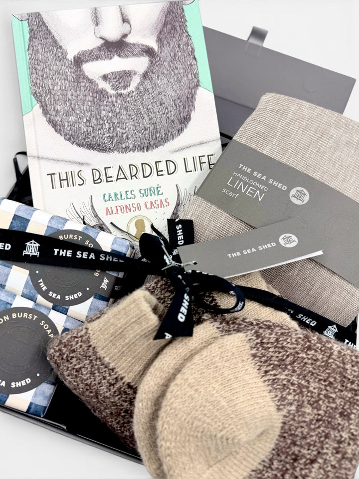 Close-up of the Bearded Life Sand hamper tied with black Sea Shed ribbon