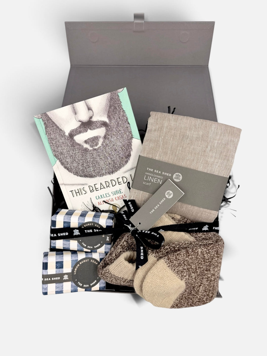 Bearded Life Sand gift hamper with book, sand linen scarf, brown marl socks and Lemon Burst soaps in a grey gift box