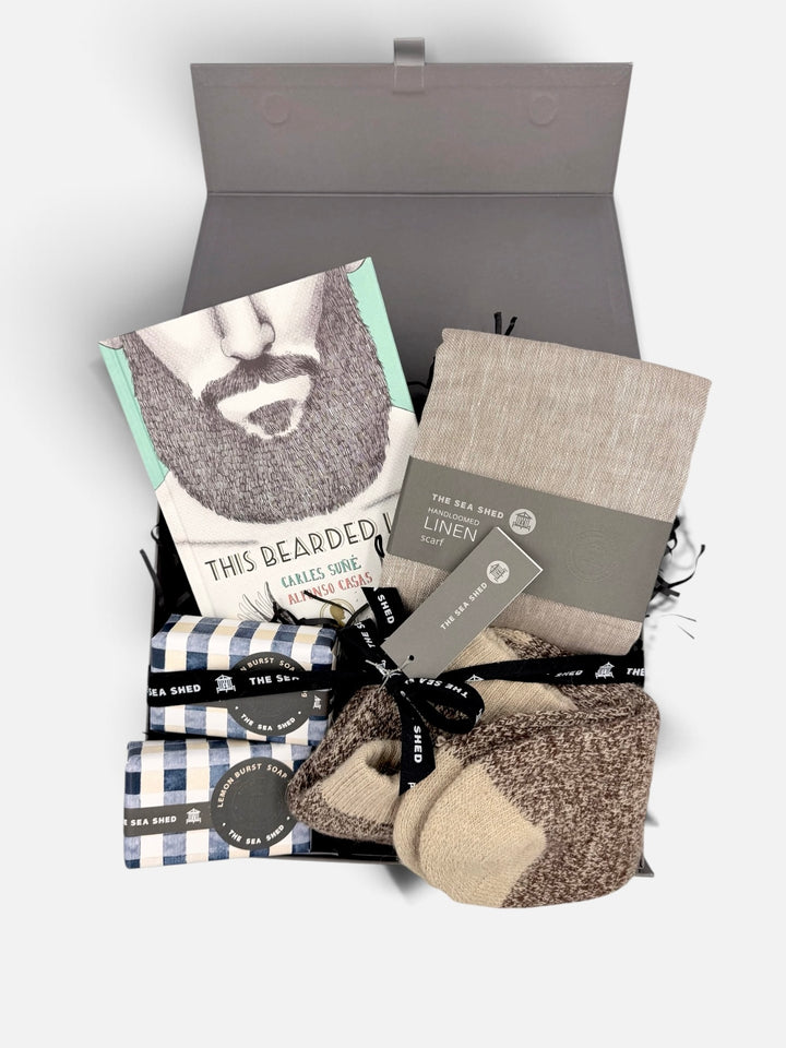 Bearded Life Sand gift hamper with book, sand linen scarf, brown marl socks and Lemon Burst soaps in a grey gift box