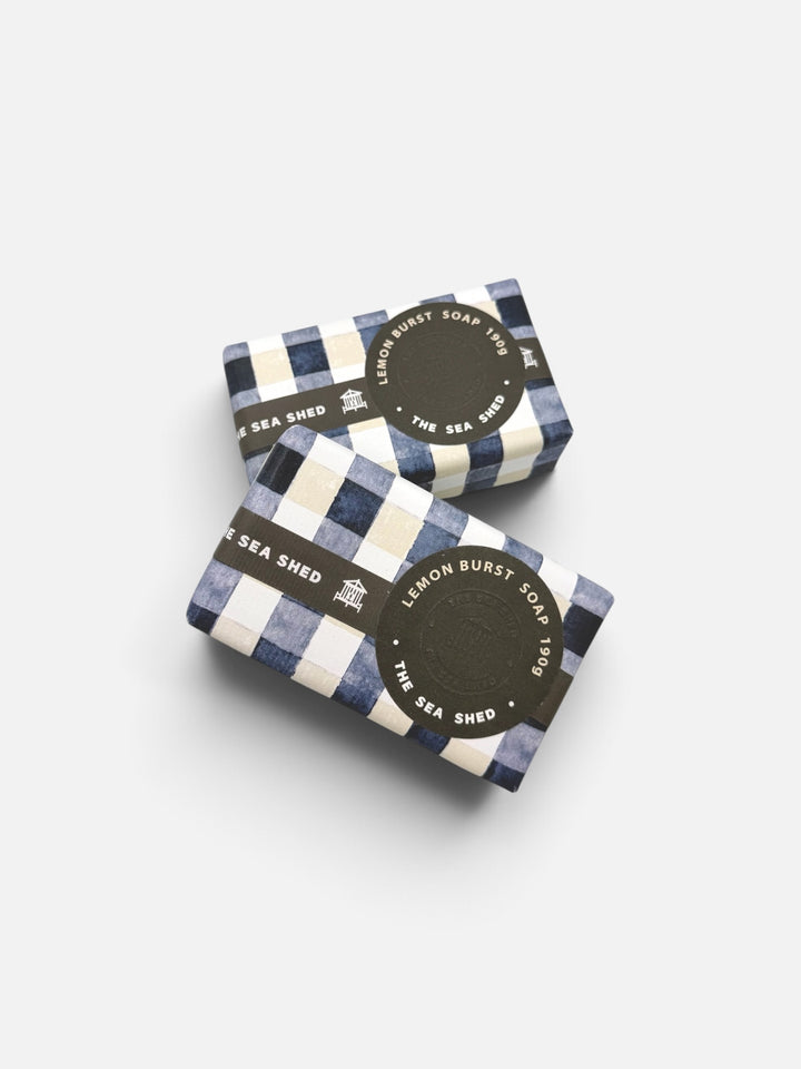 Two The Sea Shed Lemon Burst soaps, 190g bars in blue gingham wrapping
