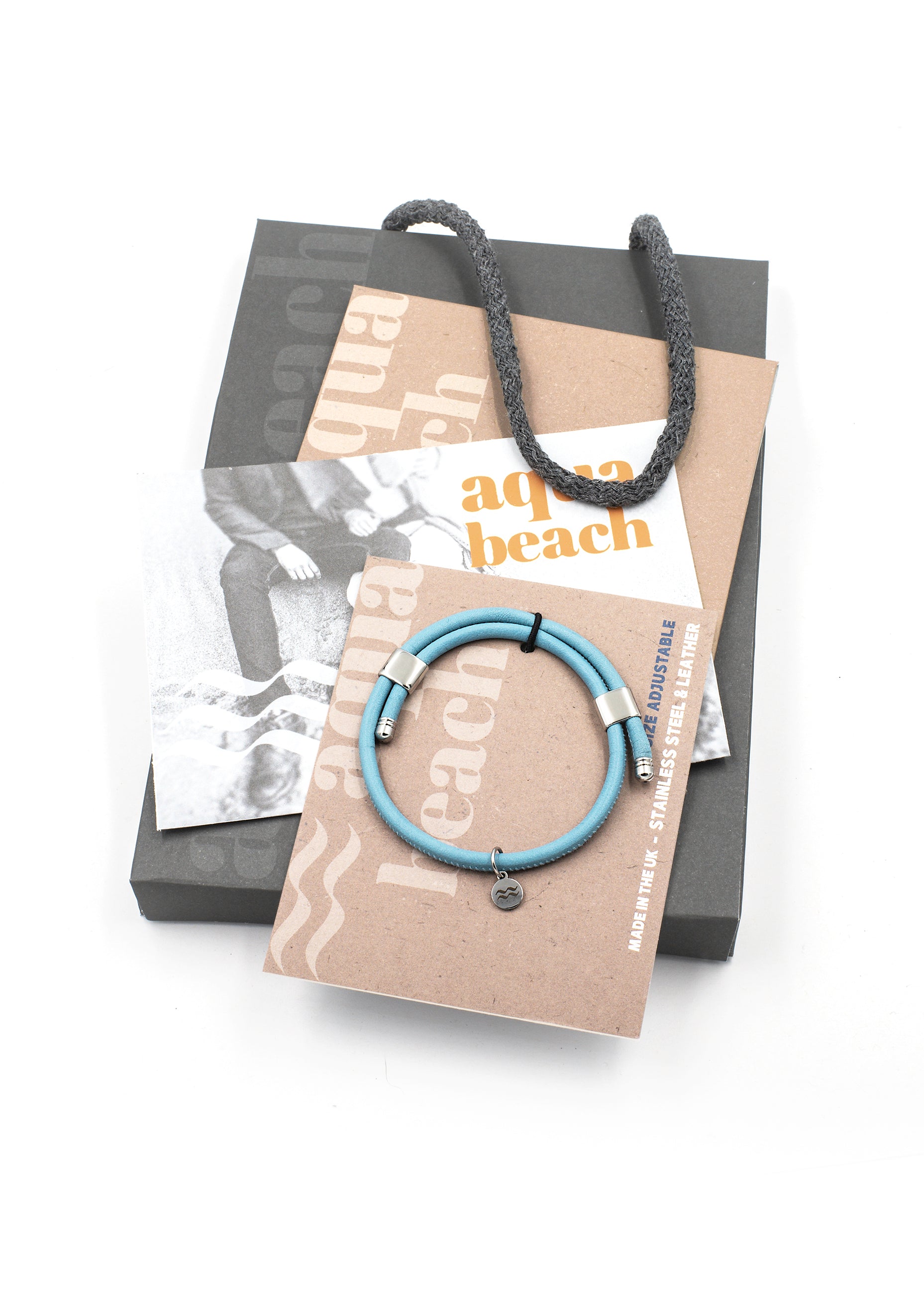 Aqua Beach premium leather and stainless steel bracelet, size adjustable with gift bag