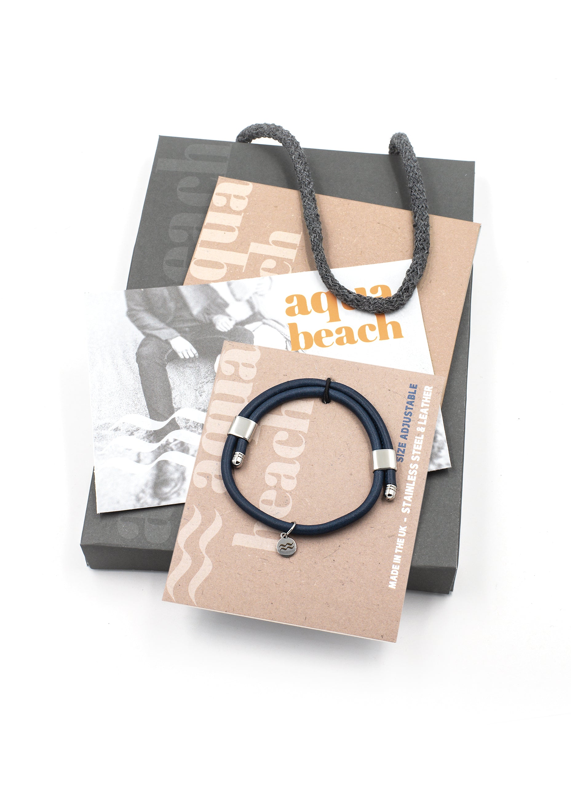 Aqua Beach premium leather and stainless steel bracelet, size adjustable with gift bag
