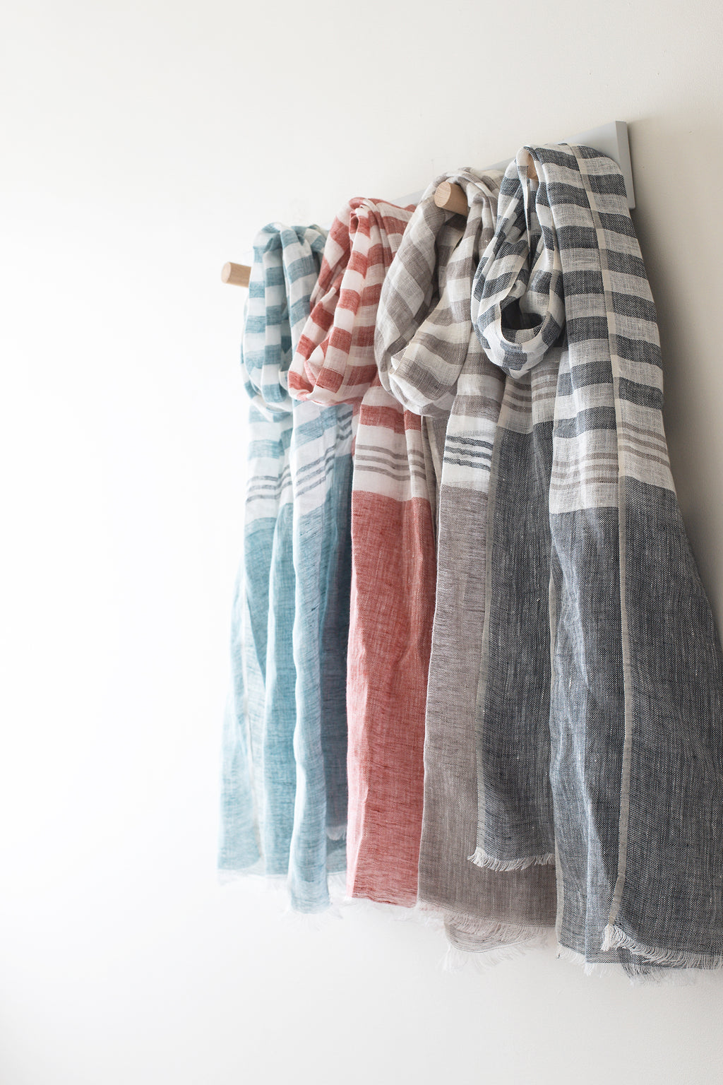 Hand Loomed Linen Scarf Coral Red Stripes