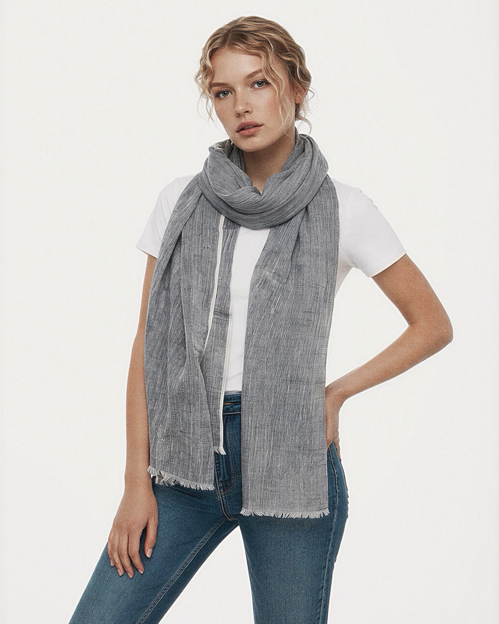 Hand Loomed Linen Scarf Denim Blue