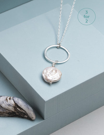 The Sea Shed, Shell & Sterling Silver & freshwater coin pearl, Necklace and Gift Box, Aqua Beach, Beach Jewellery