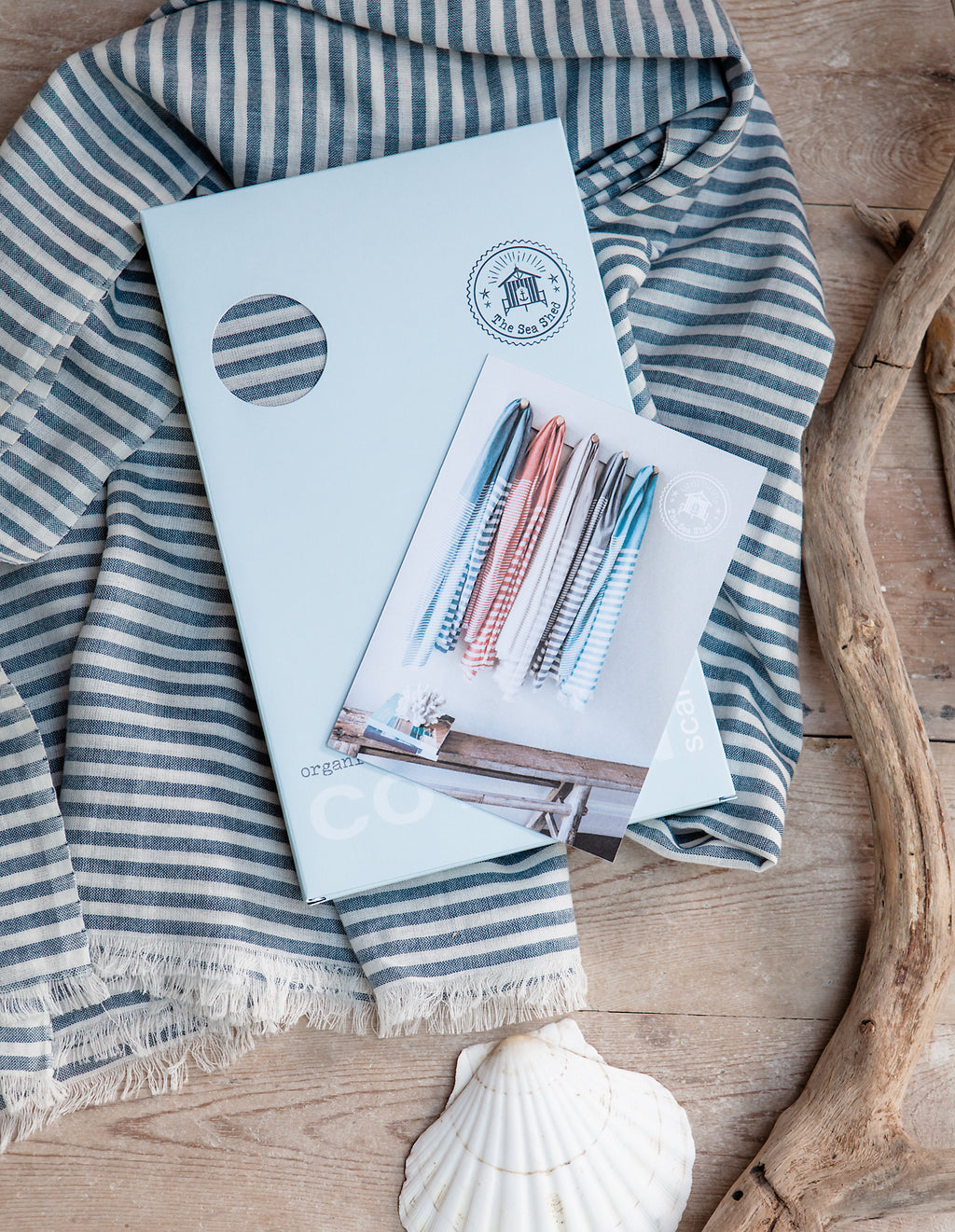 The Sea Shed Nautical Scarf Fine Stripe Denim Blue & Gift Box