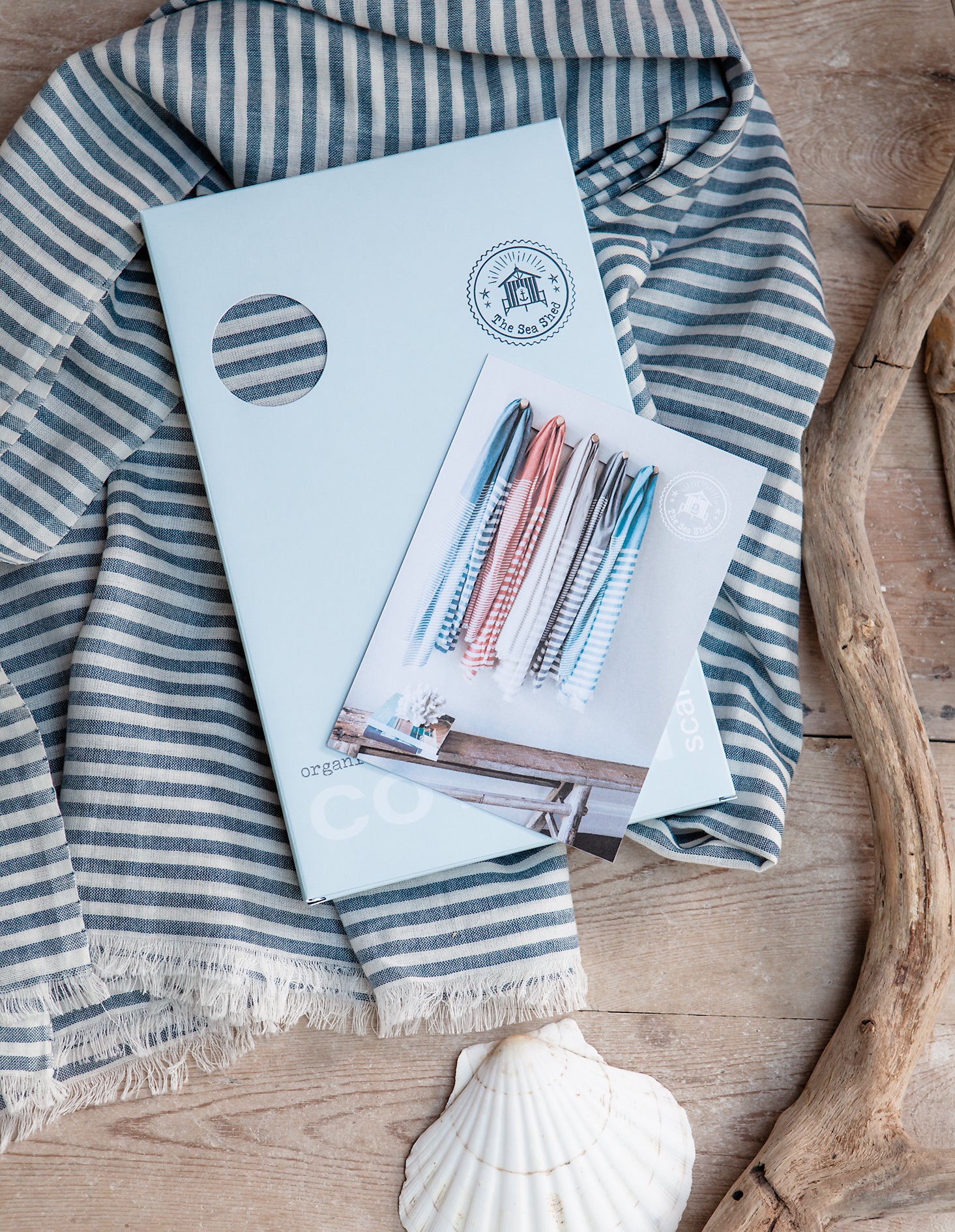 The Sea Shed Nautical Scarf Fine Stripe Denim Blue & Gift Box