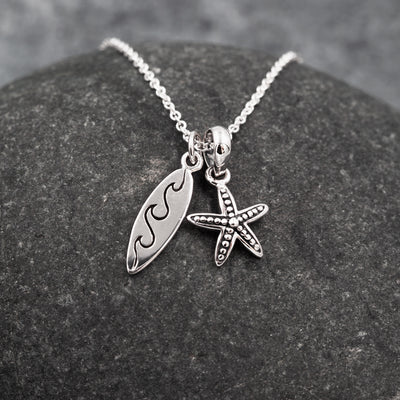 The Sea Shed Sterling  Silver Surfboard  & Starfish pendant